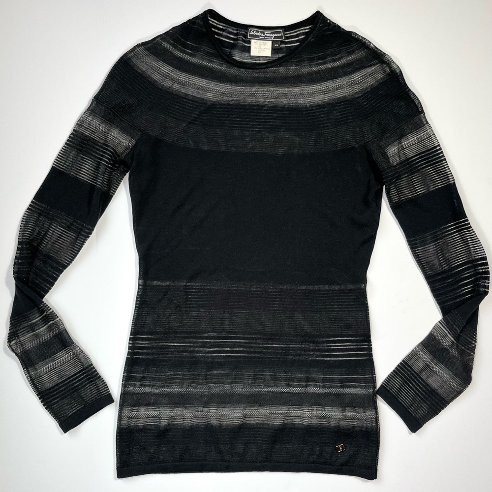 Vintage Sheer Ferragamo Knit Top Striped Sweater Long Sleeve Black XS As Is